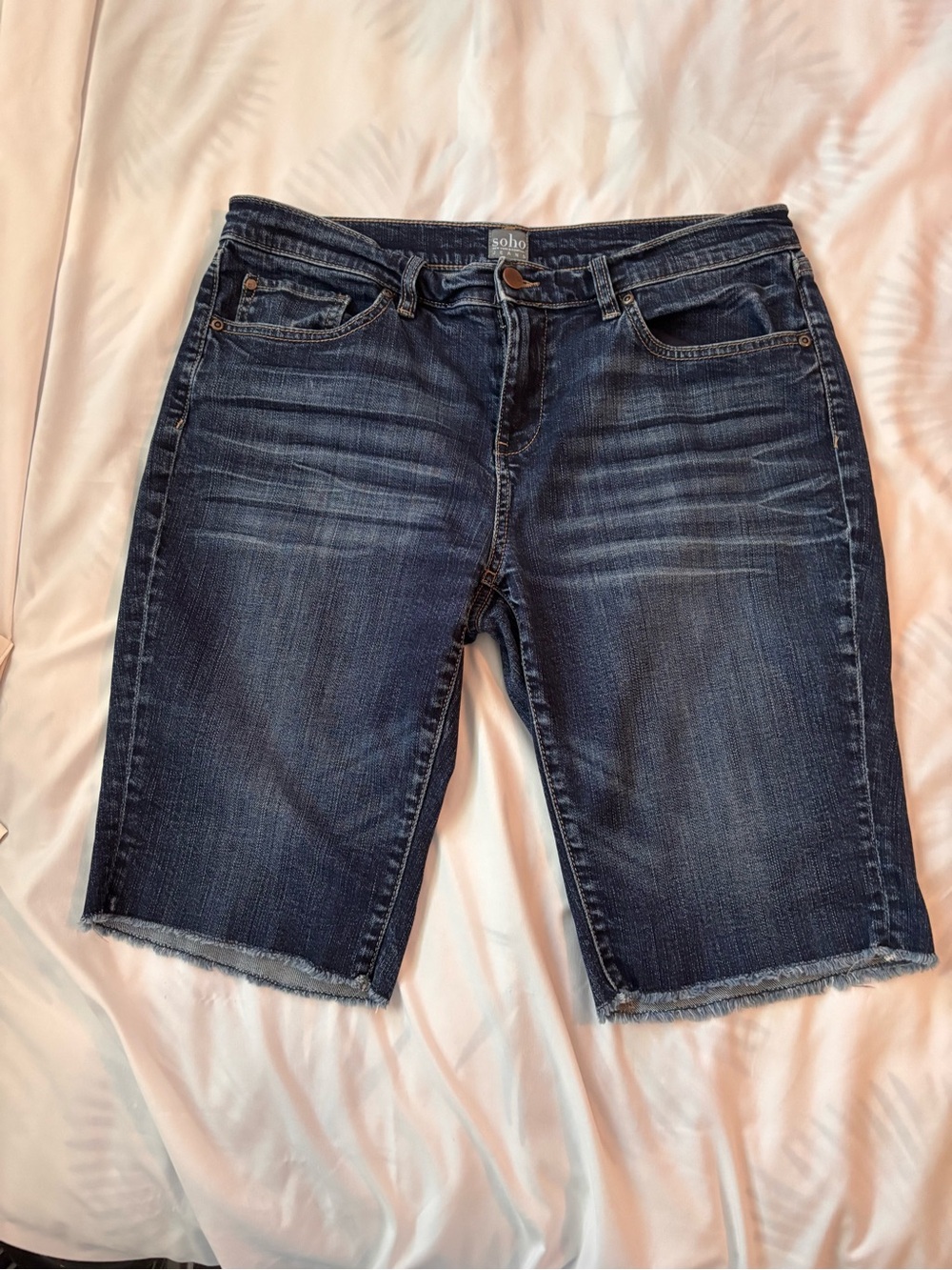Sought After Longer Length Soho  Blue Denim High Waisted Jorts Raw Edge Hem